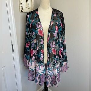 Belle Du Jour 3X Floral Kimono Cardigan Boho Sheer Lace Trim Plus